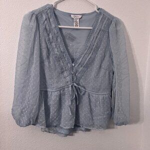 Japna Long Sleeve Sheer V-neck Lace Detailing Tie Waist Light Blue NEW Size L